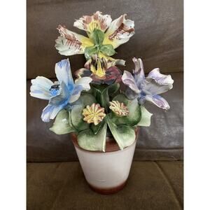 Antique Capodimonte Italian Iris Phlox, Carnation Floral In Pot